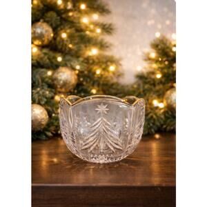Mikasa Crystal Christmas Bowl Small 5.5–6” Tree Cut Glass Gold Rim Holiday Décor